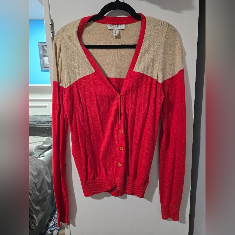 Forever 21 Red/Orange and Cream V-Neck Cardigan